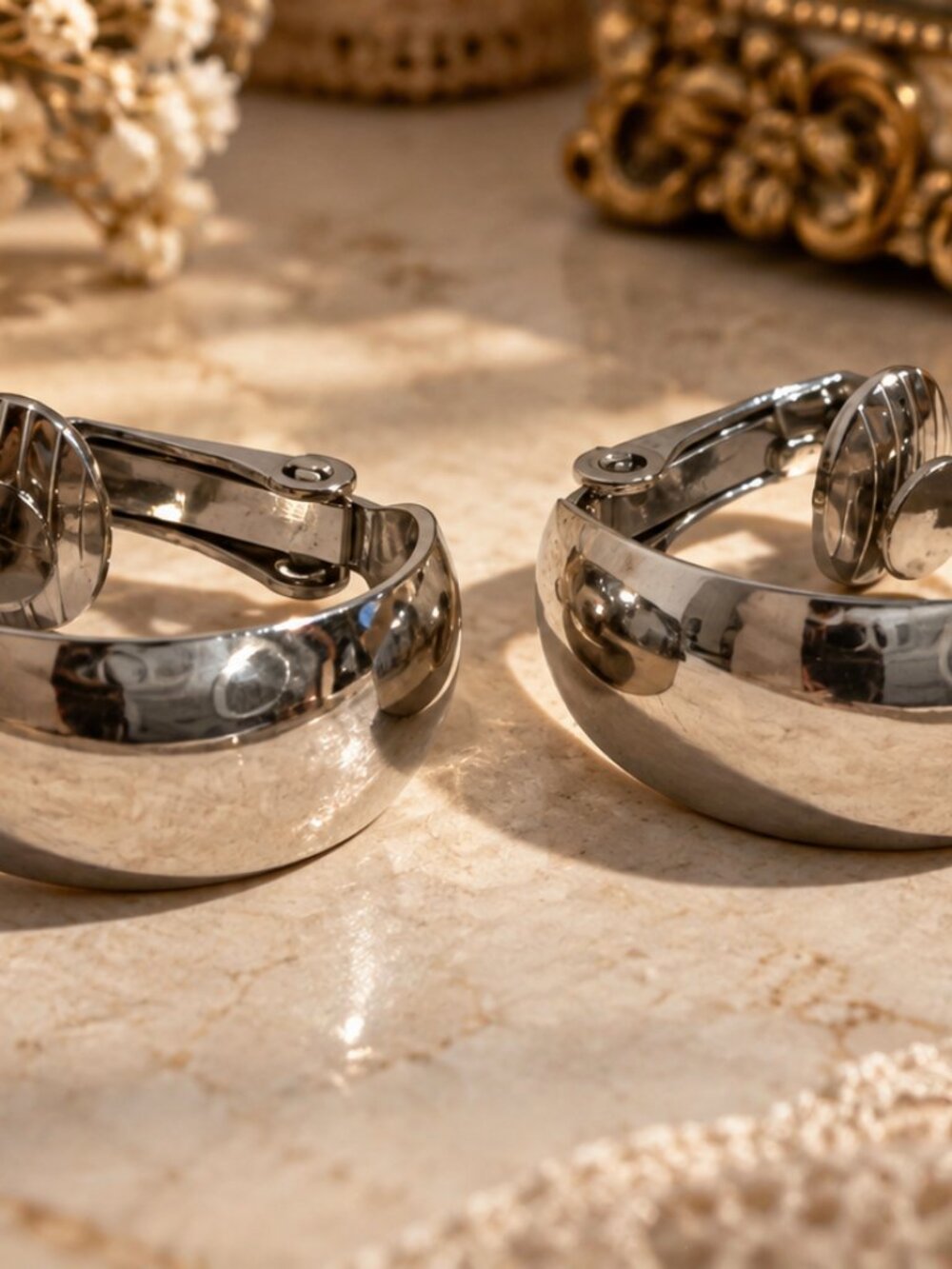 Vintage Silver Tone Chunky Hoop Clip-On Earrings